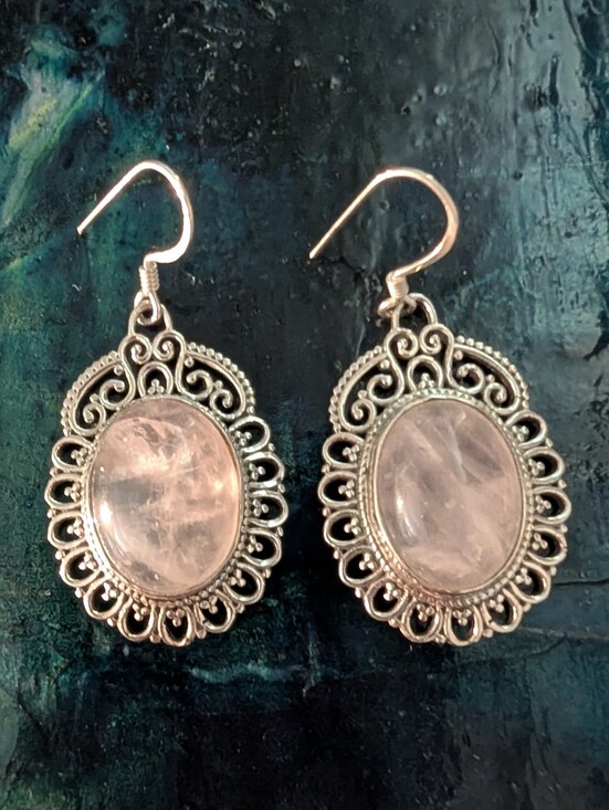 925 Sterling Silver Jewelry - Antique Style Earrings 925 Sterling Silver Pink Rose Quartz Filigree Earrings